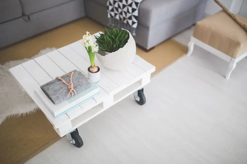 A white coffee table with a plant and books in a bright living room